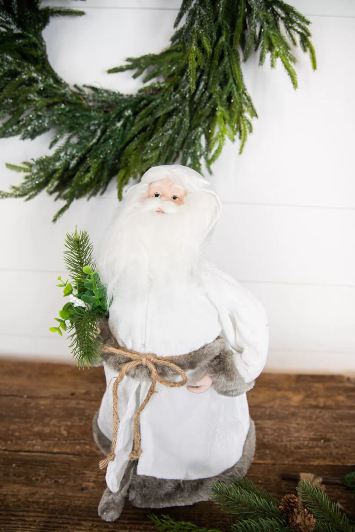 Decorator's Warehouse 19” White Robe Santa Figure With Greenery Bundle