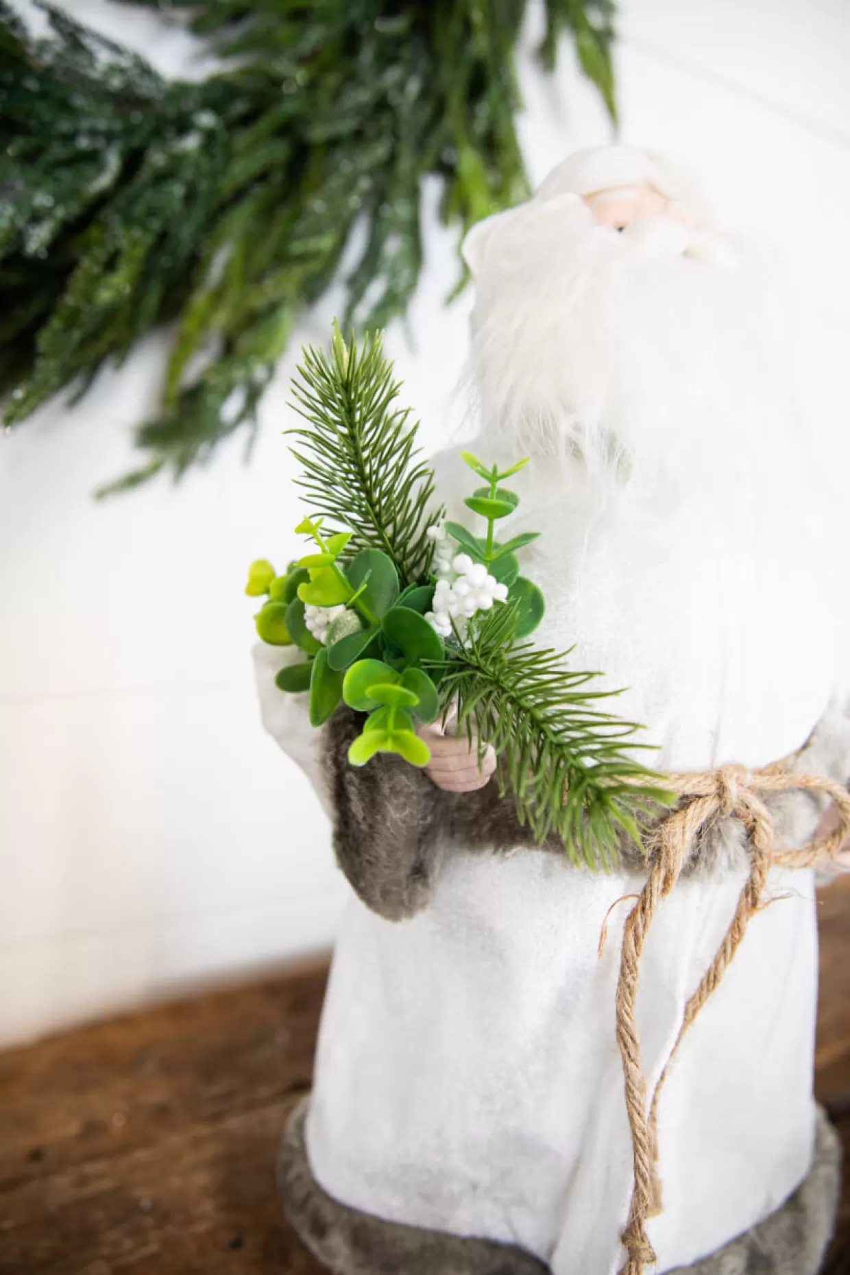Decorator's Warehouse 19” White Robe Santa Figure With Greenery Bundle
