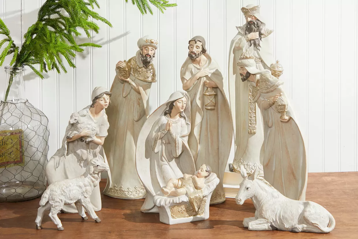Decorator's Warehouse 7-18" Whitewash Nativity With Gold Trim - Set Of 9